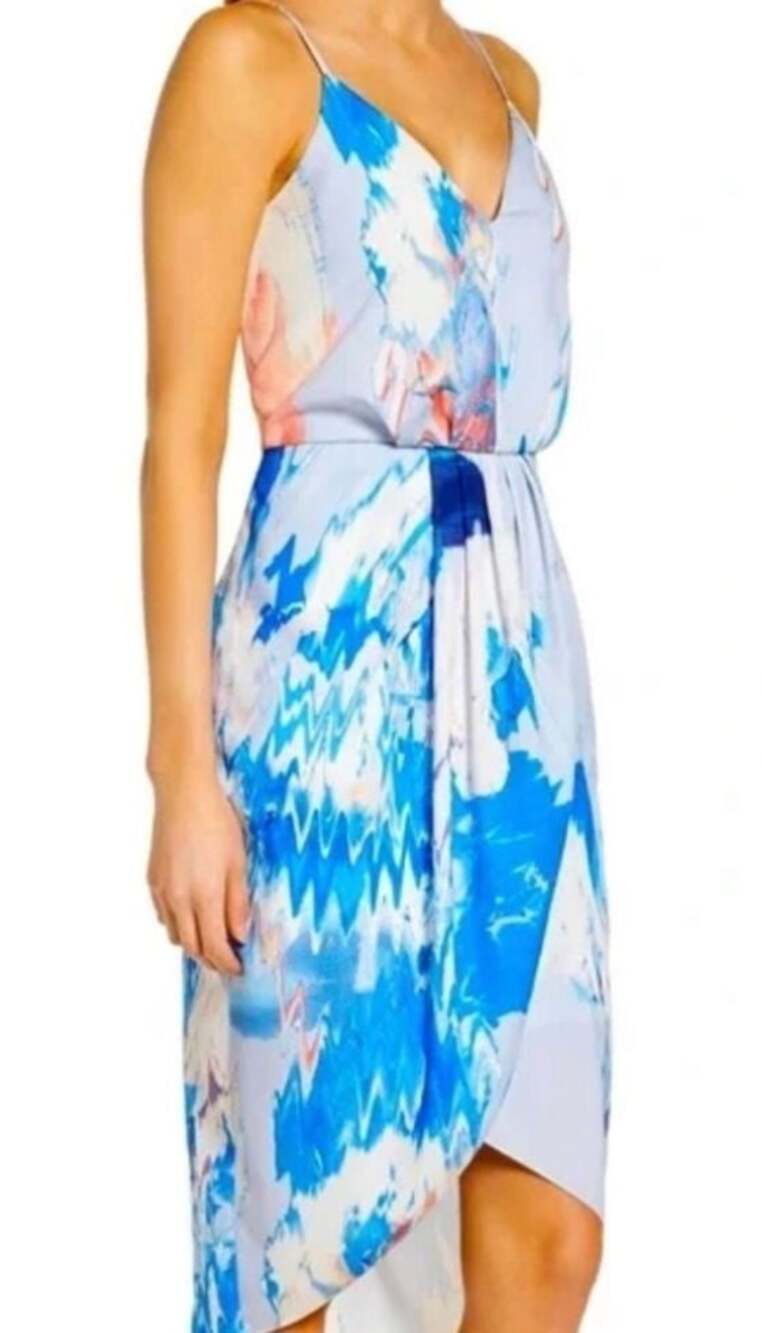 Chelsea28‎ Watercolor Faux Wrap Midi Dress Blue Floral Tulip Hem Size 4